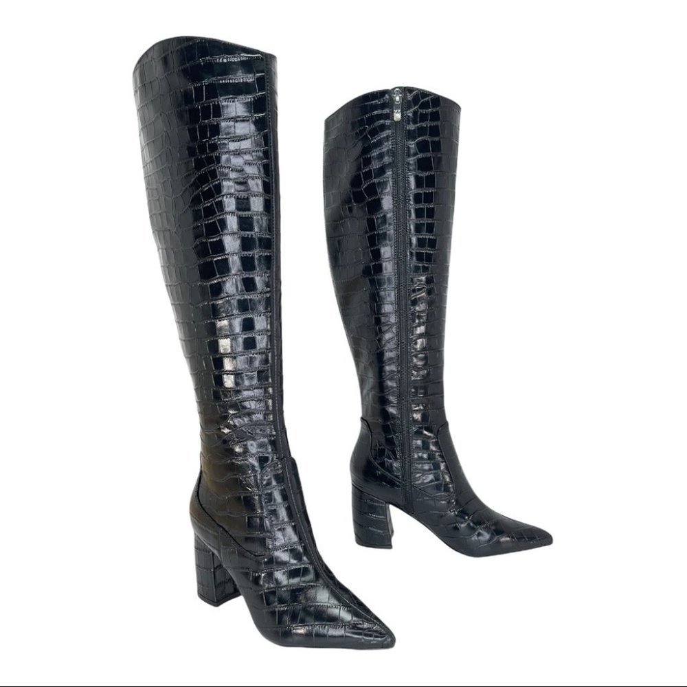 Marc Fisher Retie Black Croco Embossed Leather Womens OTK Boots Size 5M